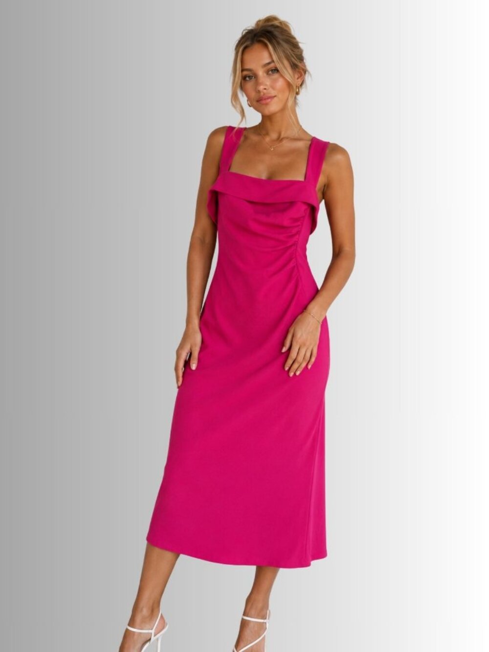 LK Bennett Hot Pink Ruched Square Neck Midi Dress Size 8 - 8657